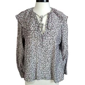 H & M Blouse Womens Small Ruffle Collar Tie Front Flowy Puff Sleeve